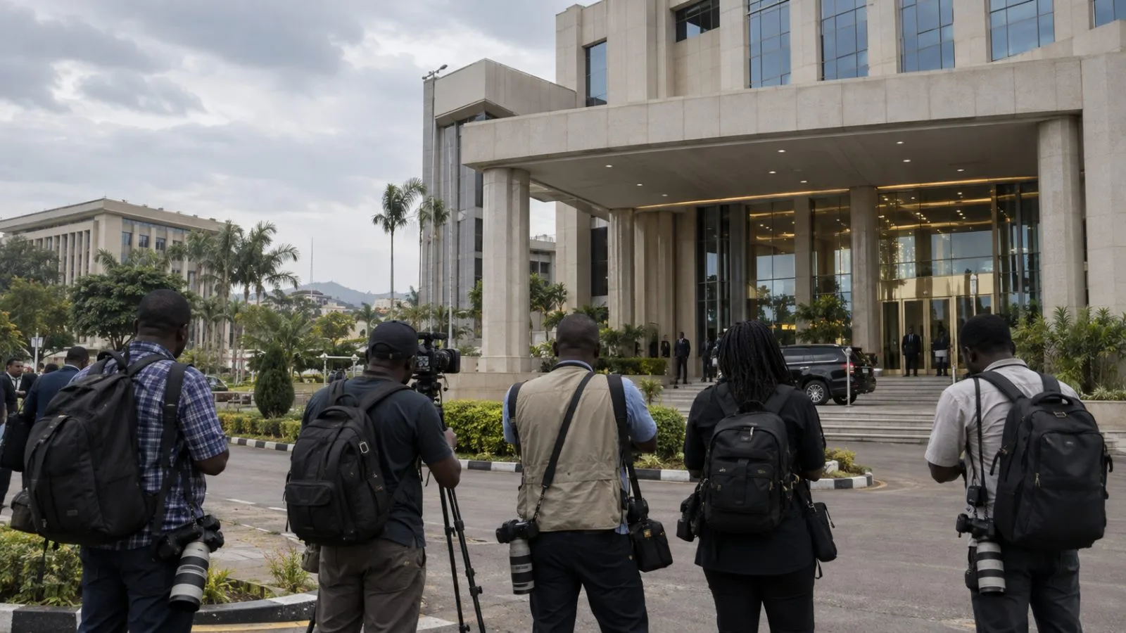 Journalists gather outside the Federal Ministry of Humanitarian Affairs in Abuja, Nigeria. (AI-generated image / EconoTimes)
