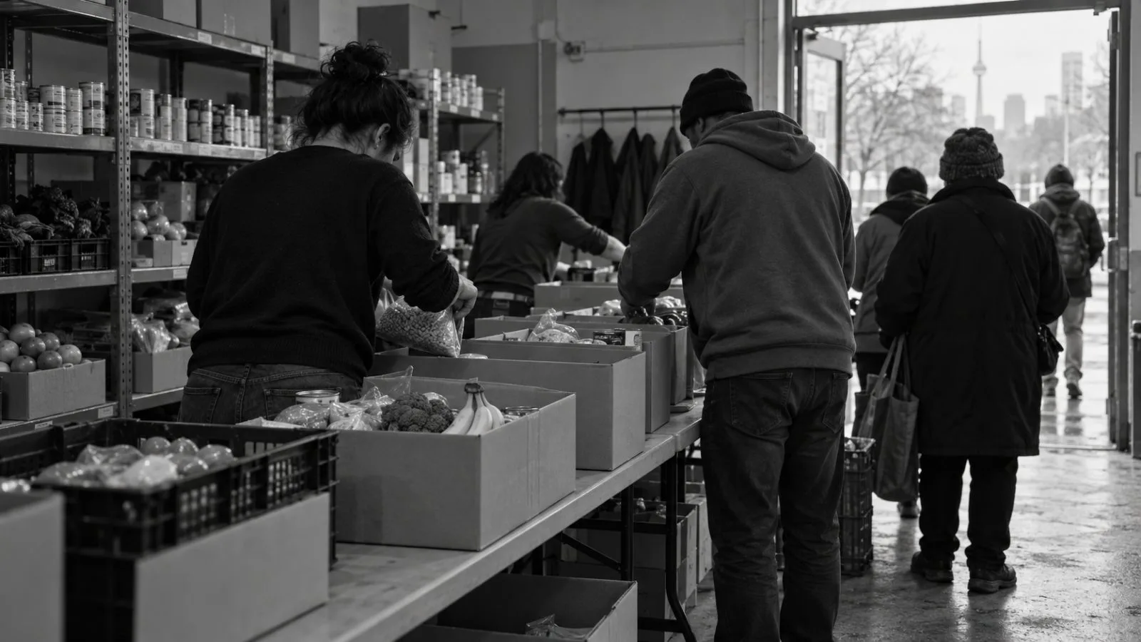 Volunteers pack grocery hampers at a community food bank in Toronto, Canada. (AI-generated image / EconoTimes)
