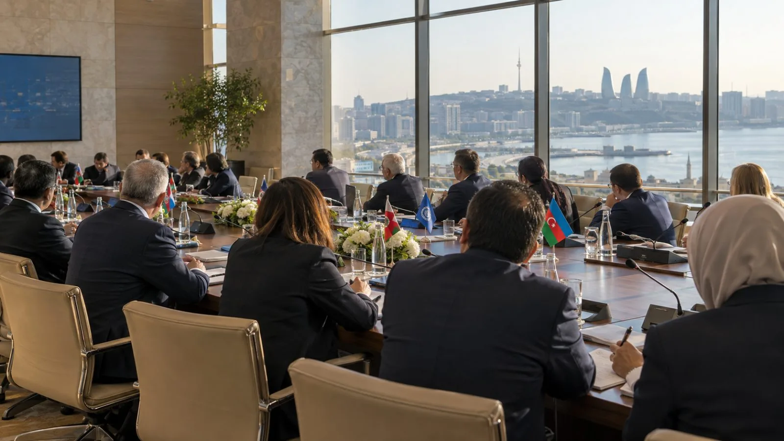 Delegates sit in a conference hall during a meeting in Baku, Azerbaijan. (AI-generated image / EconoTimes)