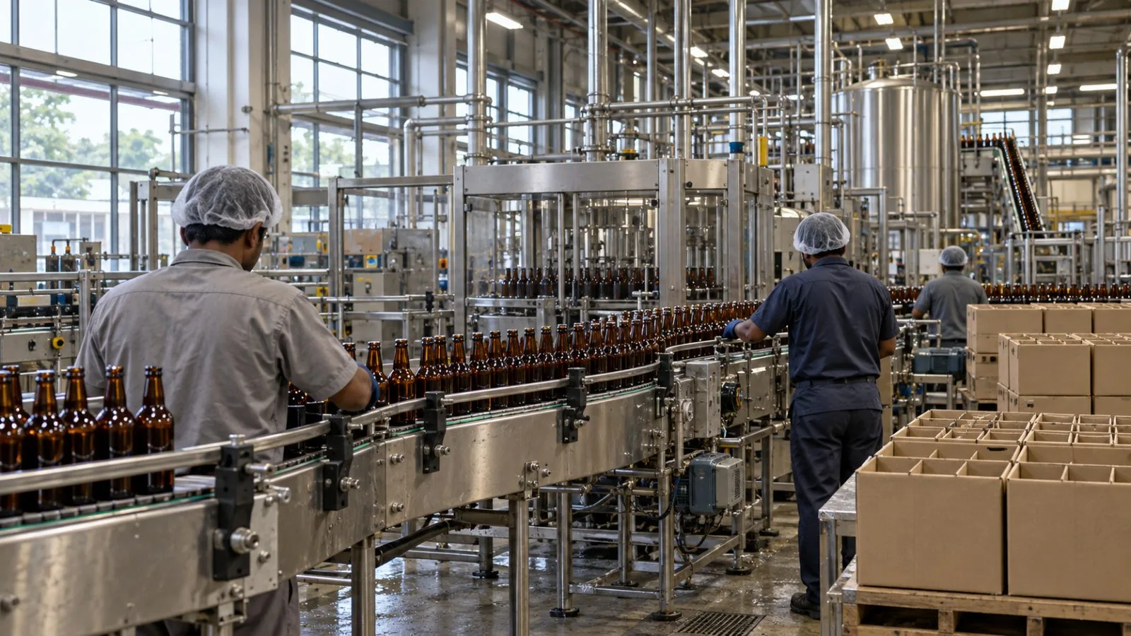 Bottles move along a production line at a brewery in Sangareddy, Telangana, India. / EconoTimes.ai