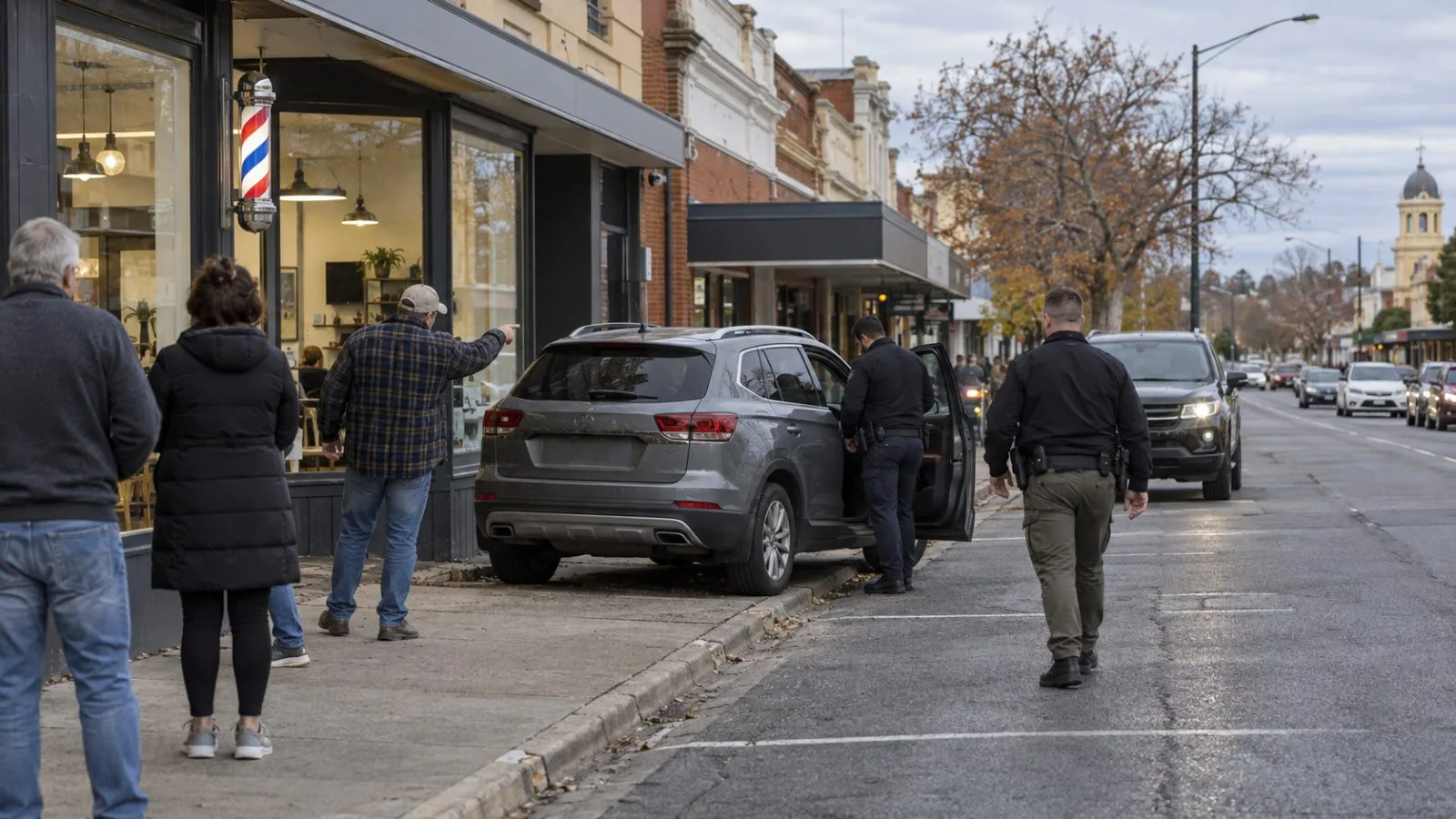 Police officers stand beside a stopped vehicle on a regional street in Wangaratta, Victoria (AI-generated image / EconoTimes)