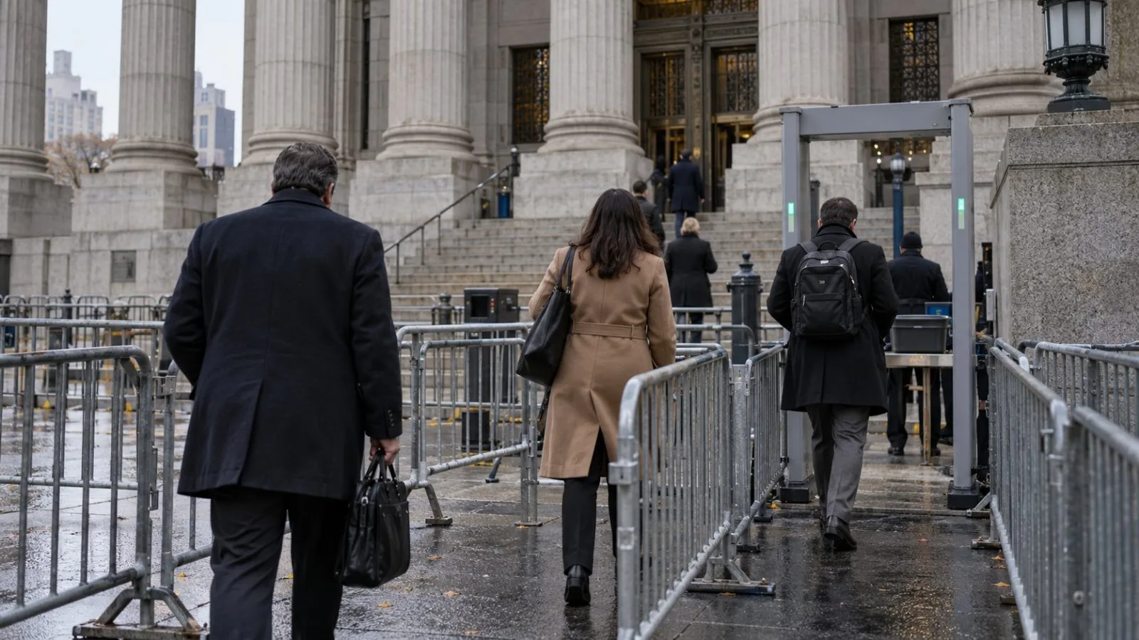 People pass security barriers outside a federal courthouse in Manhattan, New York City. (AI-generated image / EconoTimes)