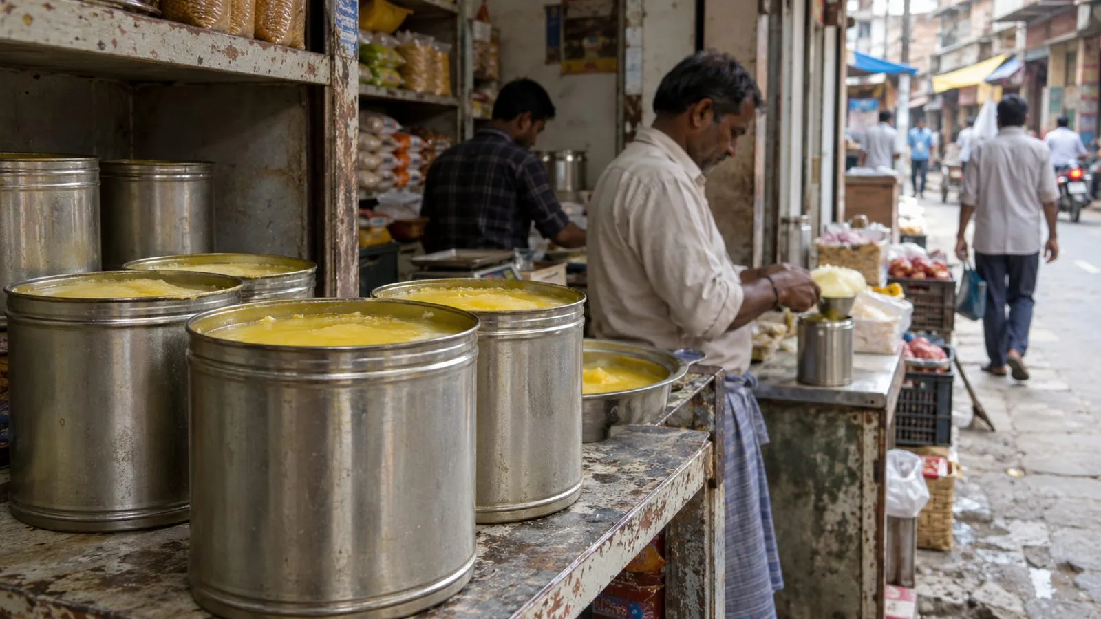 Sealed tins of cow ghee sit on a grocery shelf in Burhanpur, Madhya Pradesh. (AI-generated image / EconoTimes)