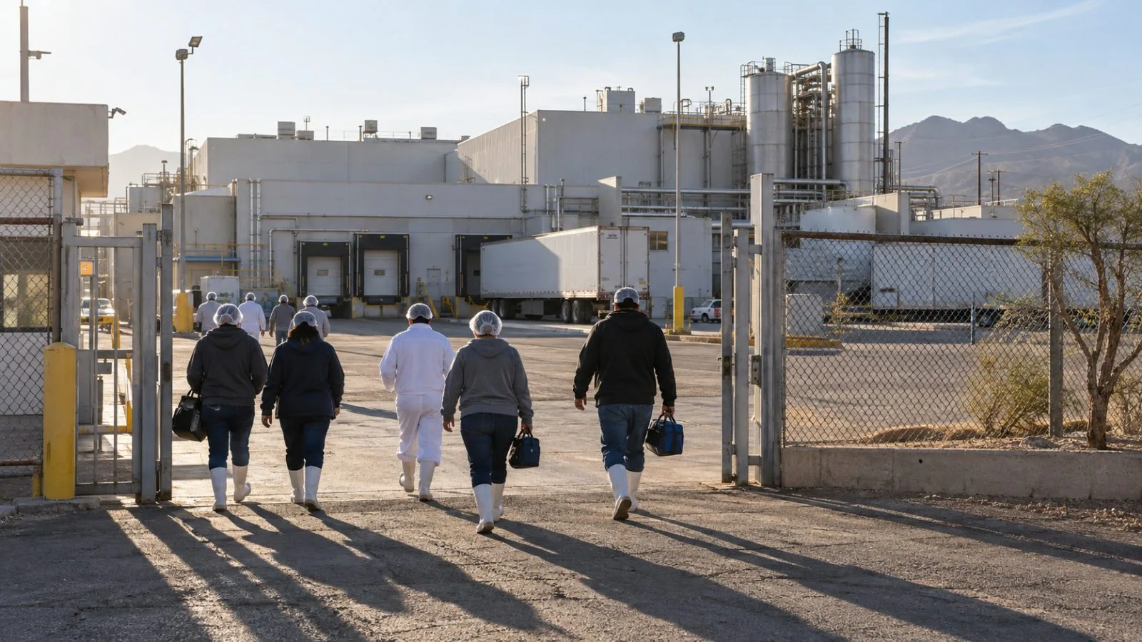 Workers enter a meat processing plant in Ciudad Obregón, Sonora, Mexico. (AI-generated image / EconoTimes)