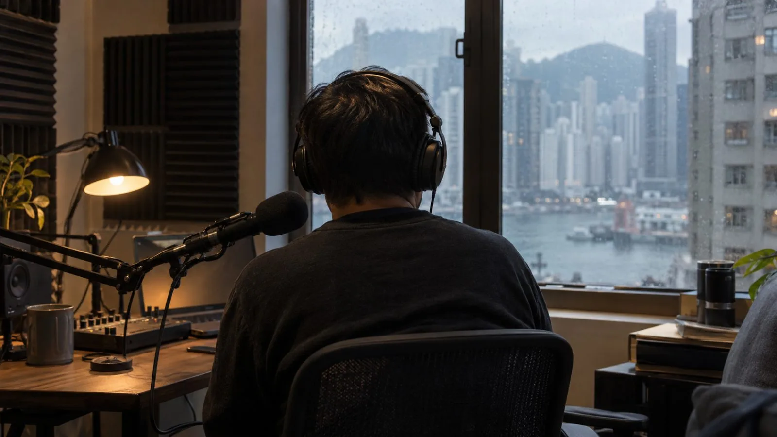 A microphone and headphones sit in a podcast studio in Hong Kong (AI-generated image / EconoTimes)