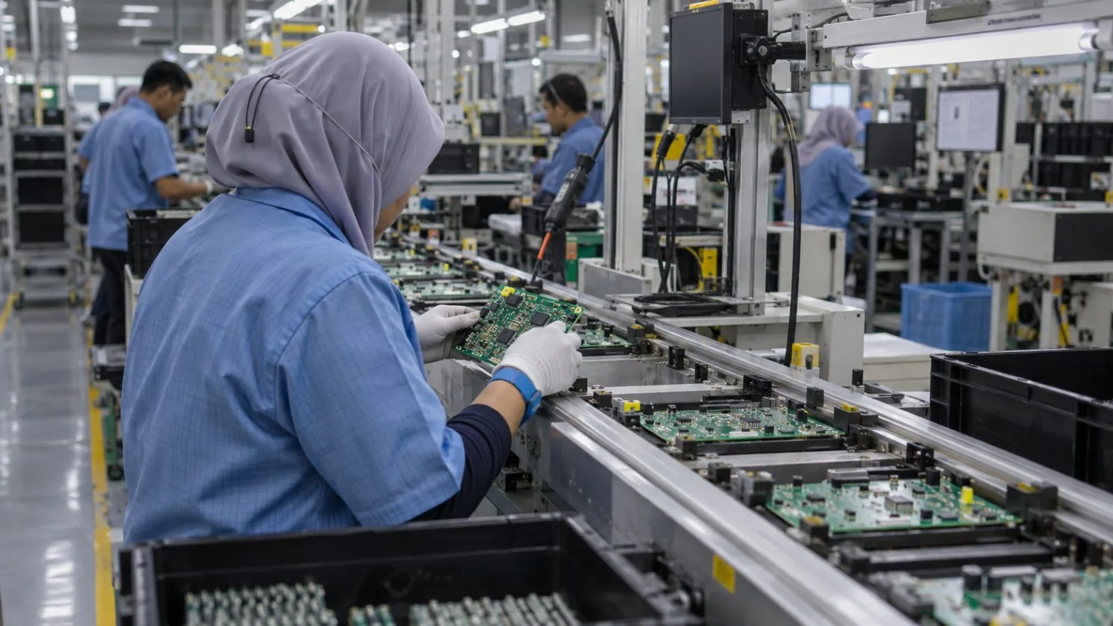 A worker inspects circuit boards on an assembly line at a factory in Bayan Lepas, Penang. (AI-generated image / EconoTimes)