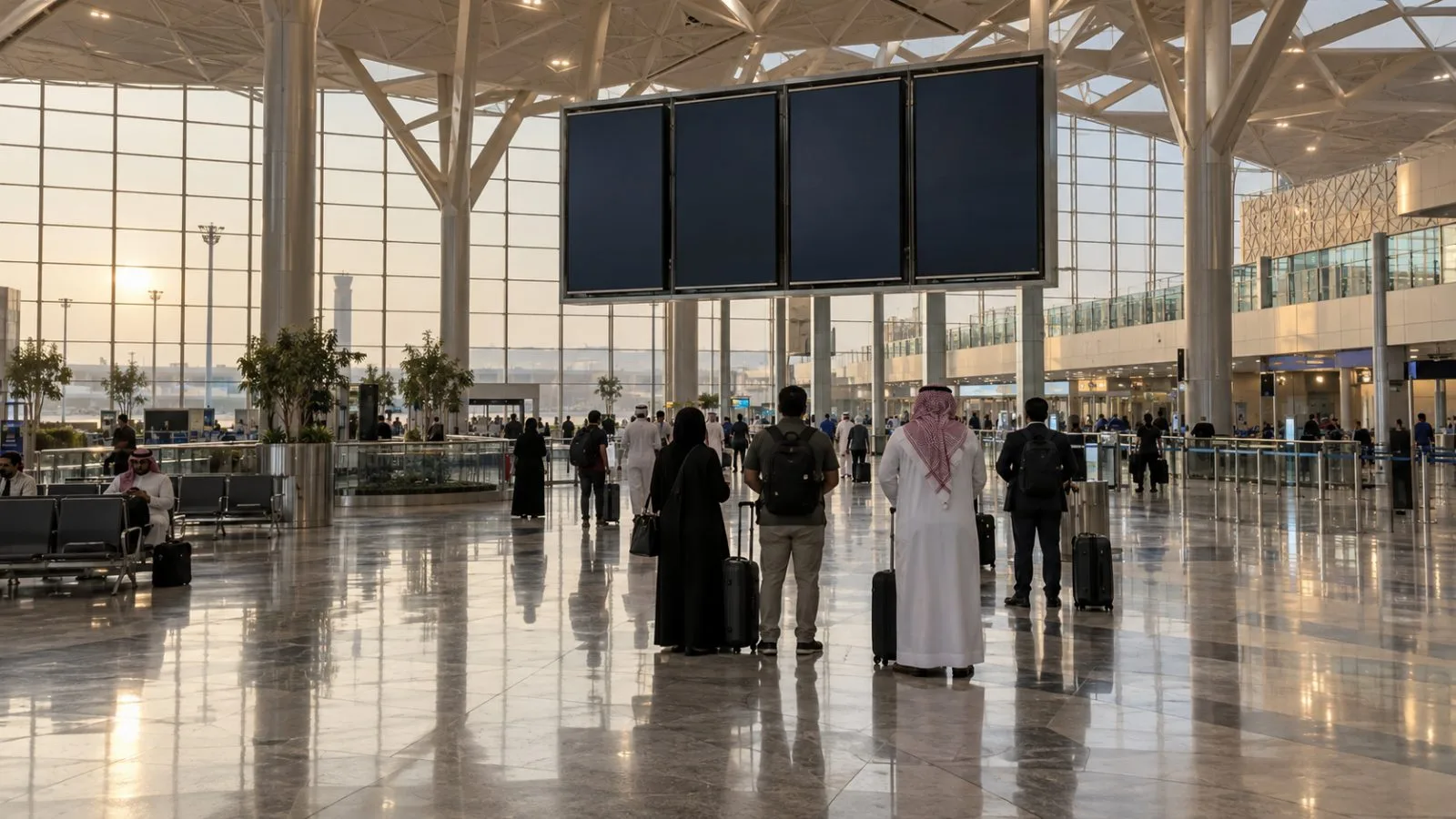 Travelers check departure information in the terminal at King Khalid International Airport in Riyadh, Saudi Arabia. (AI-generated image / EconoTimes)