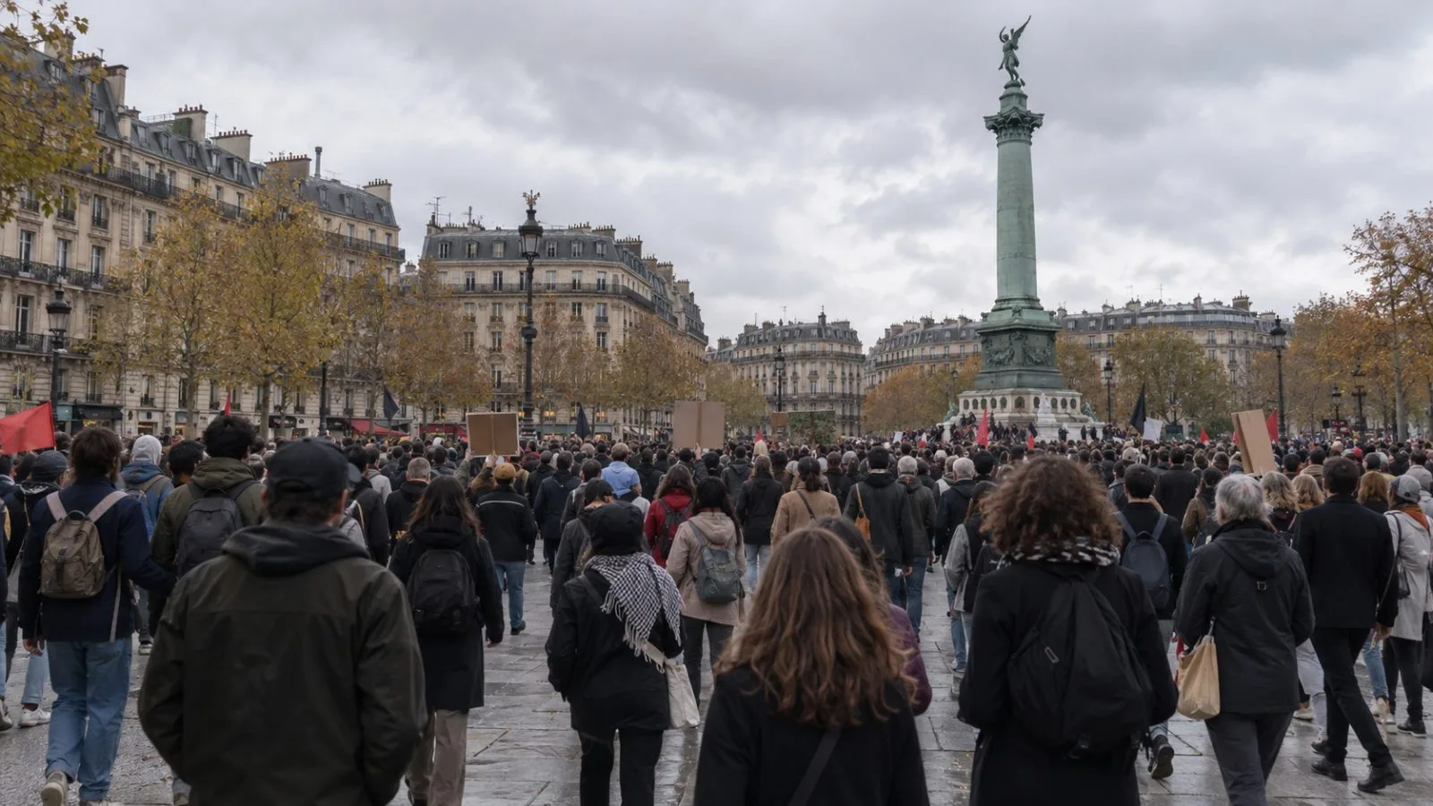 Demonstrators march through a Paris square during a nationwide day of protests in France. (AI-generated image / EconoTimes)