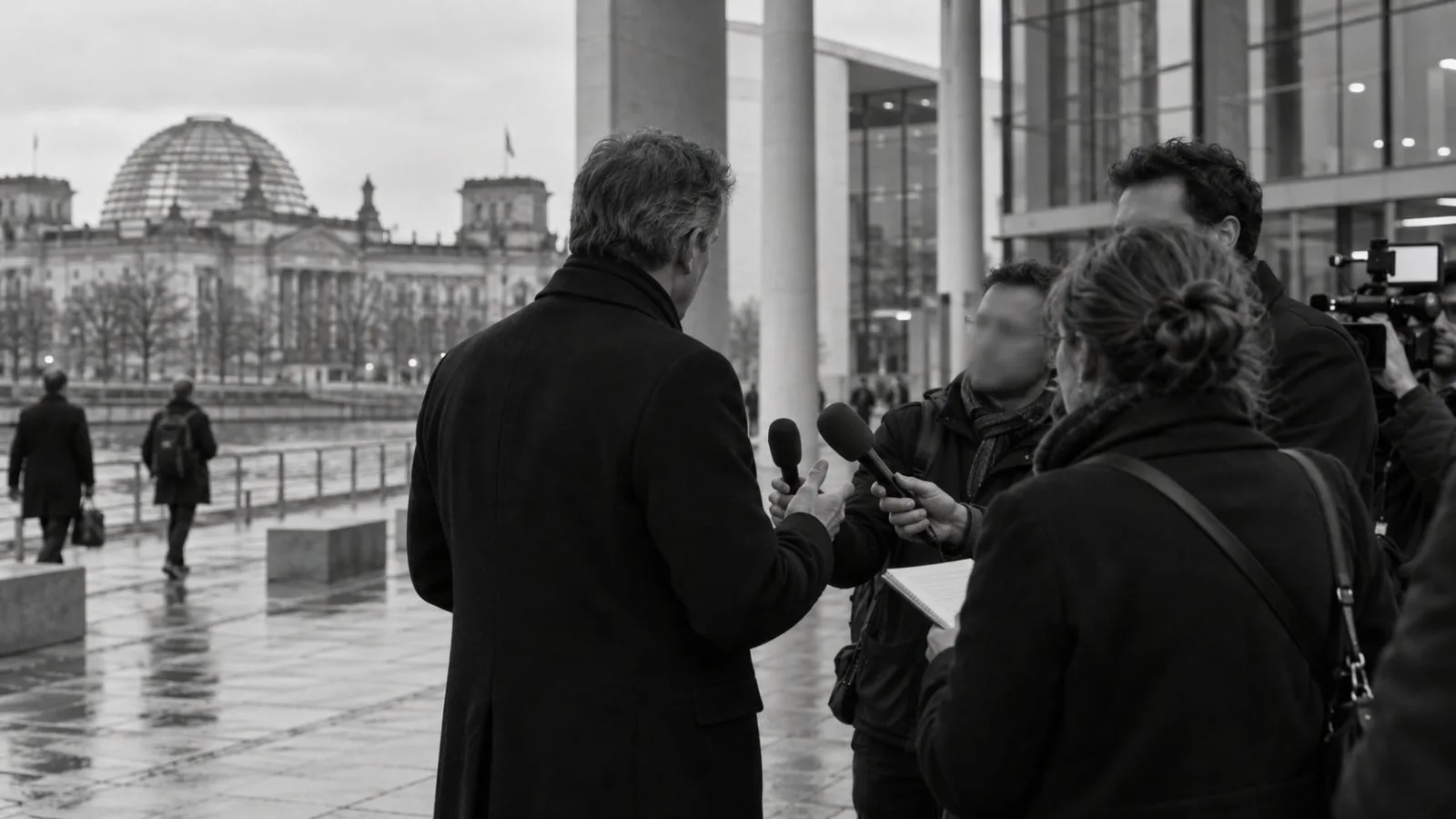 An anonymous executive speaks with reporters outside a conference venue in Berlin, Germany. (AI-generated image / EconoTimes)