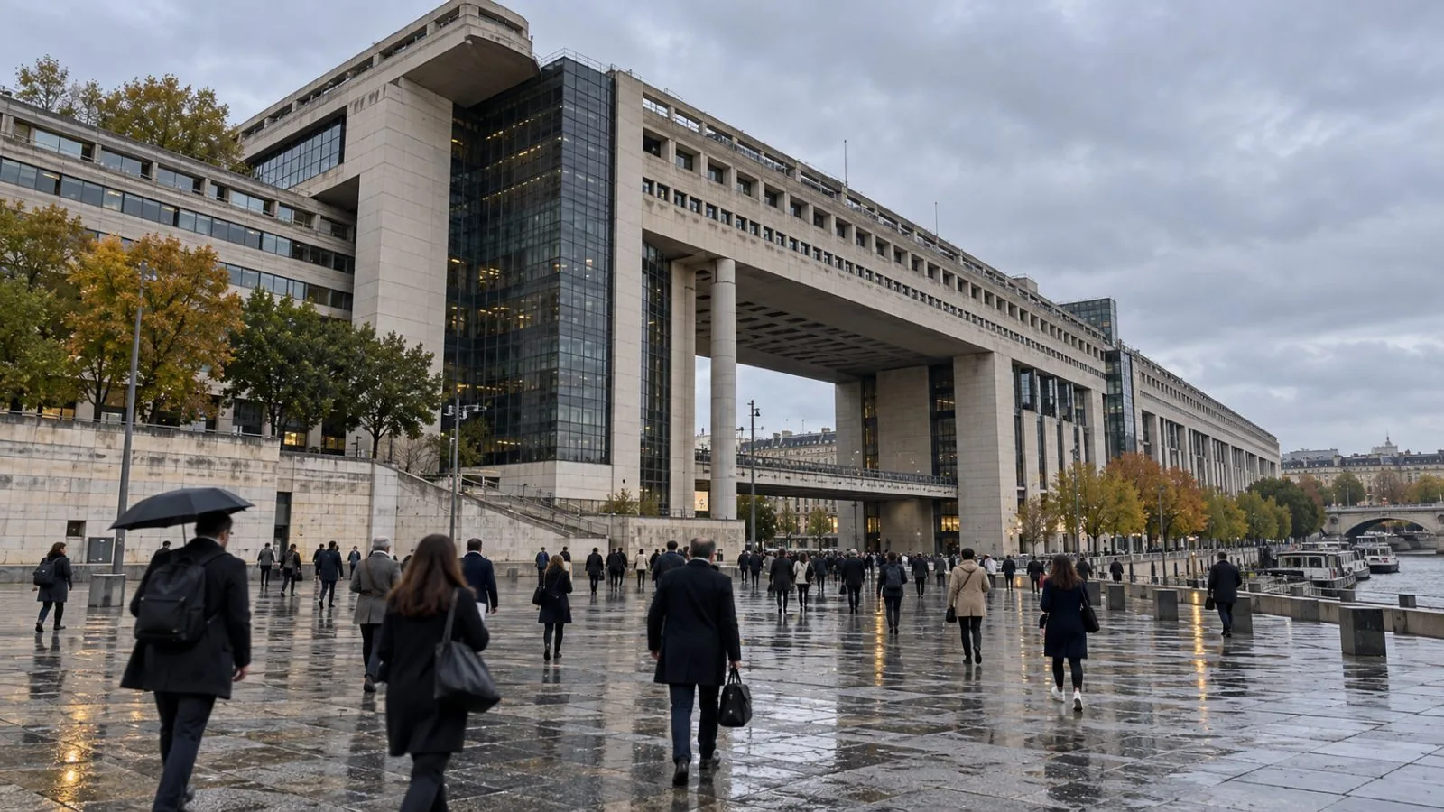 Commuters cross the forecourt of the French Ministry of Economy and Finance in Paris. (AI-generated image / EconoTimes)