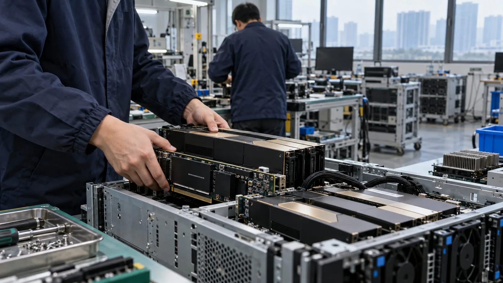 Technicians handle GPU accelerator boards in an AI laboratory in Hangzhou, China (AI-generated image / EconoTimes)