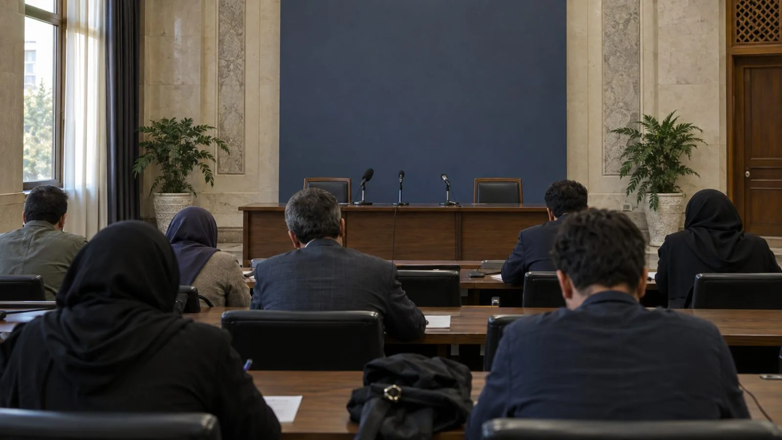 Journalists sit before microphones at Iran's Foreign Ministry in Tehran. (AI-generated image / EconoTimes)