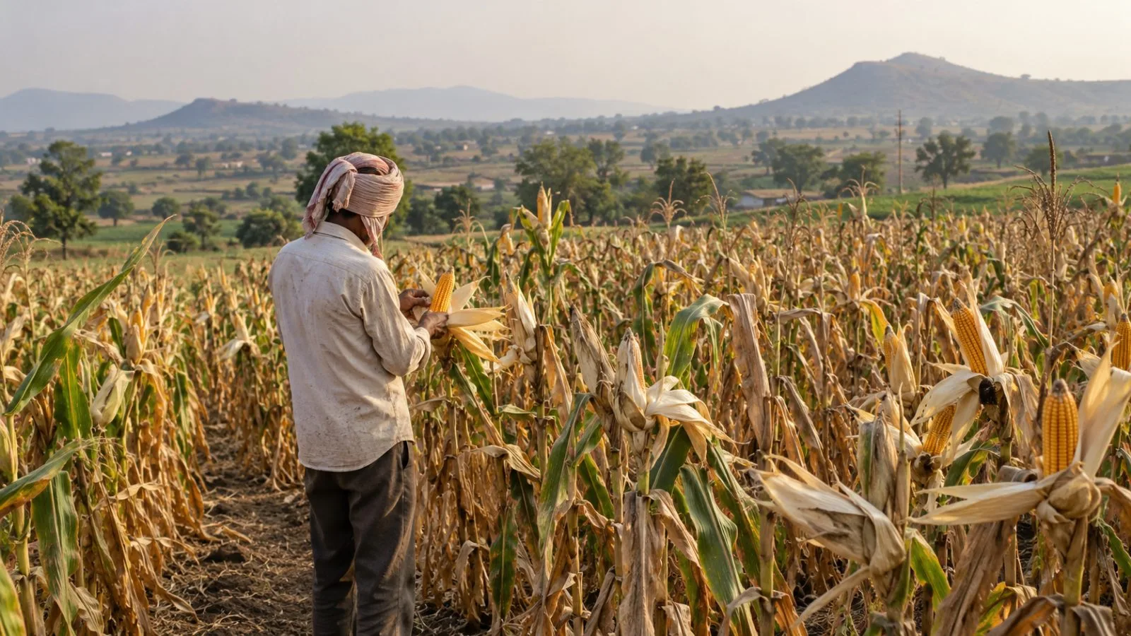 A farm worker checks maize in a field outside Pune, Maharashtra, India. (AI-generated image / EconoTimes)