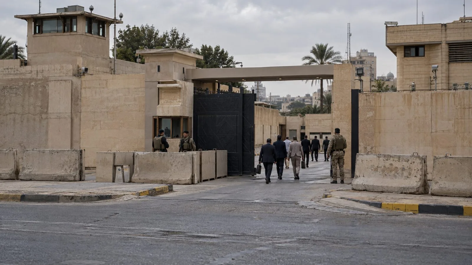 Security personnel watch visitors enter a government compound in Baghdad, Iraq. (AI-generated image / EconoTimes)