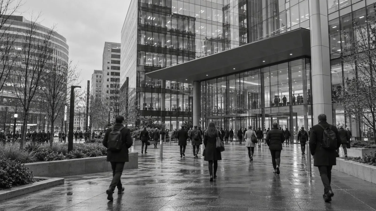Commuters pass Crédit Agricole’s headquarters in Montrouge, France, on an overcast morning. (AI-generated image / EconoTimes)