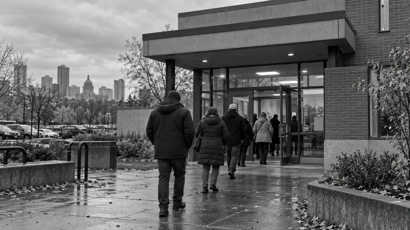 Voters enter a polling station in Edmonton, Alberta, under an overcast sky. (AI-generated image / EconoTimes)