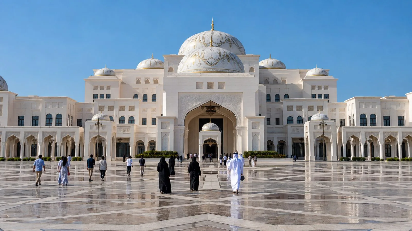 Visitors cross the forecourt at Qasr Al Watan in Abu Dhabi, United Arab Emirates. (AI-generated image / EconoTimes)