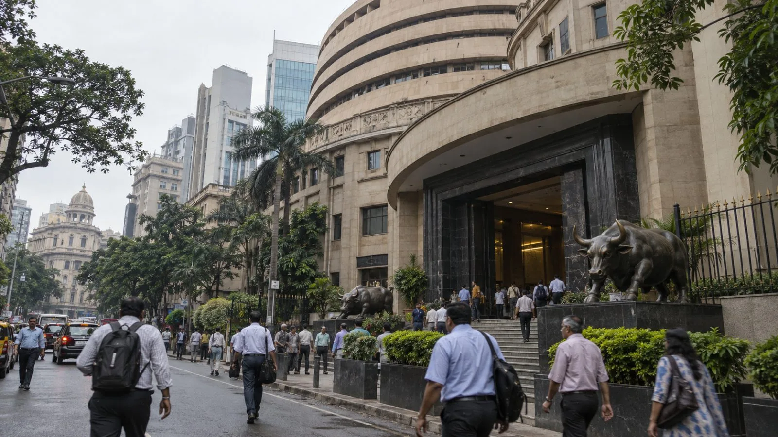 Pedestrians pass the stone facade of the Bombay Stock Exchange on Dalal Street in Mumbai. (AI-generated image / EconoTimes)