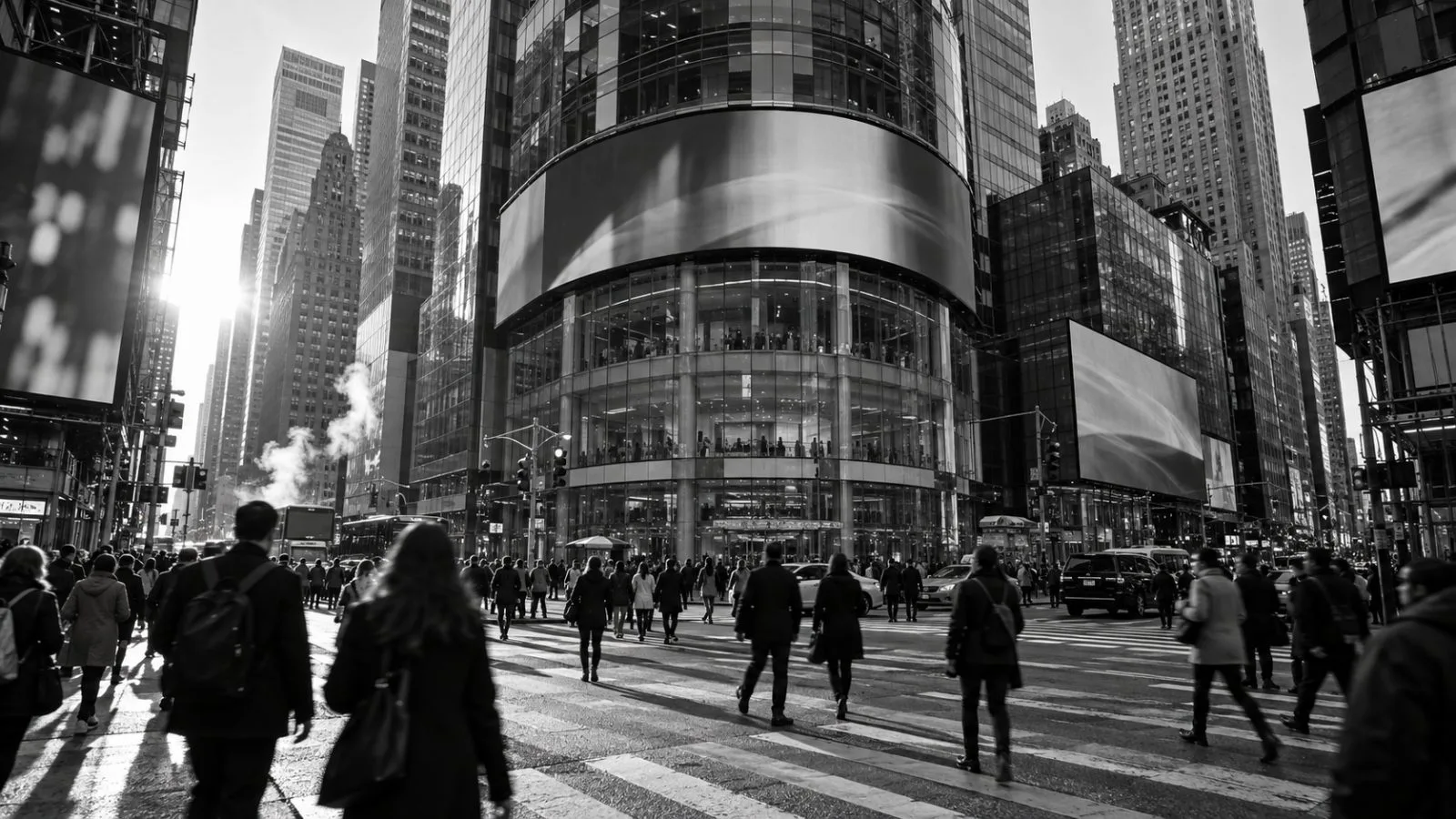 Pedestrians pass Nasdaq MarketSite in Times Square, New York, during afternoon trading. / EconoTimes.ai (mono)