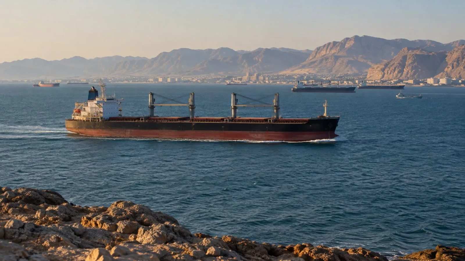 Cargo vessels transit the Strait of Hormuz off Bandar Abbas, Iran. (AI-generated image / EconoTimes)