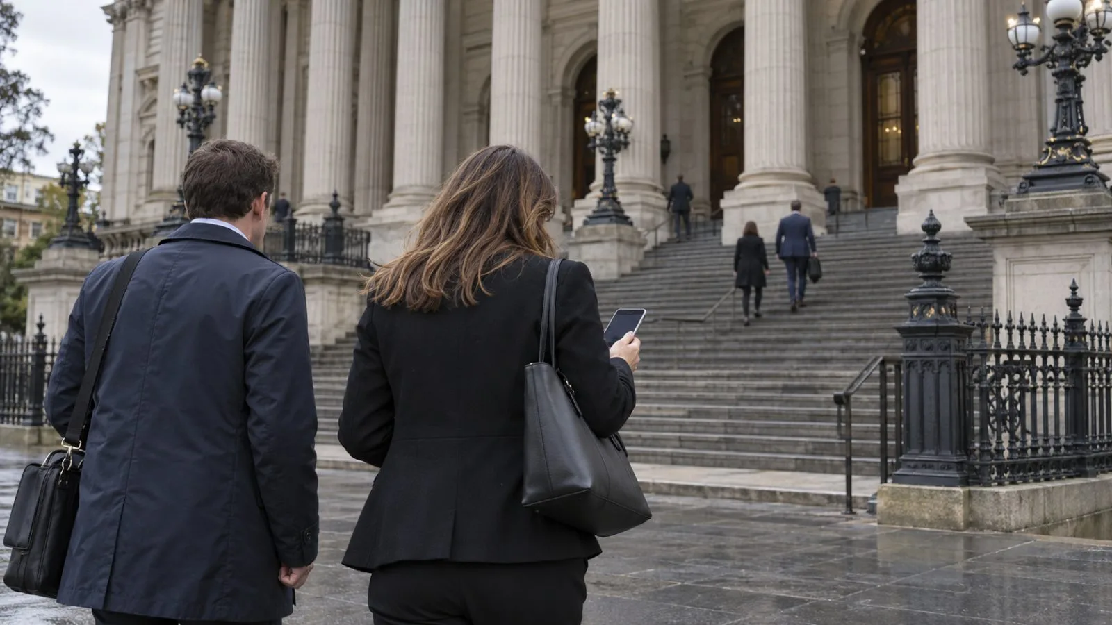 A woman and staff member check a phone outside Parliament House in Melbourne, Australia. (AI-generated image / EconoTimes)