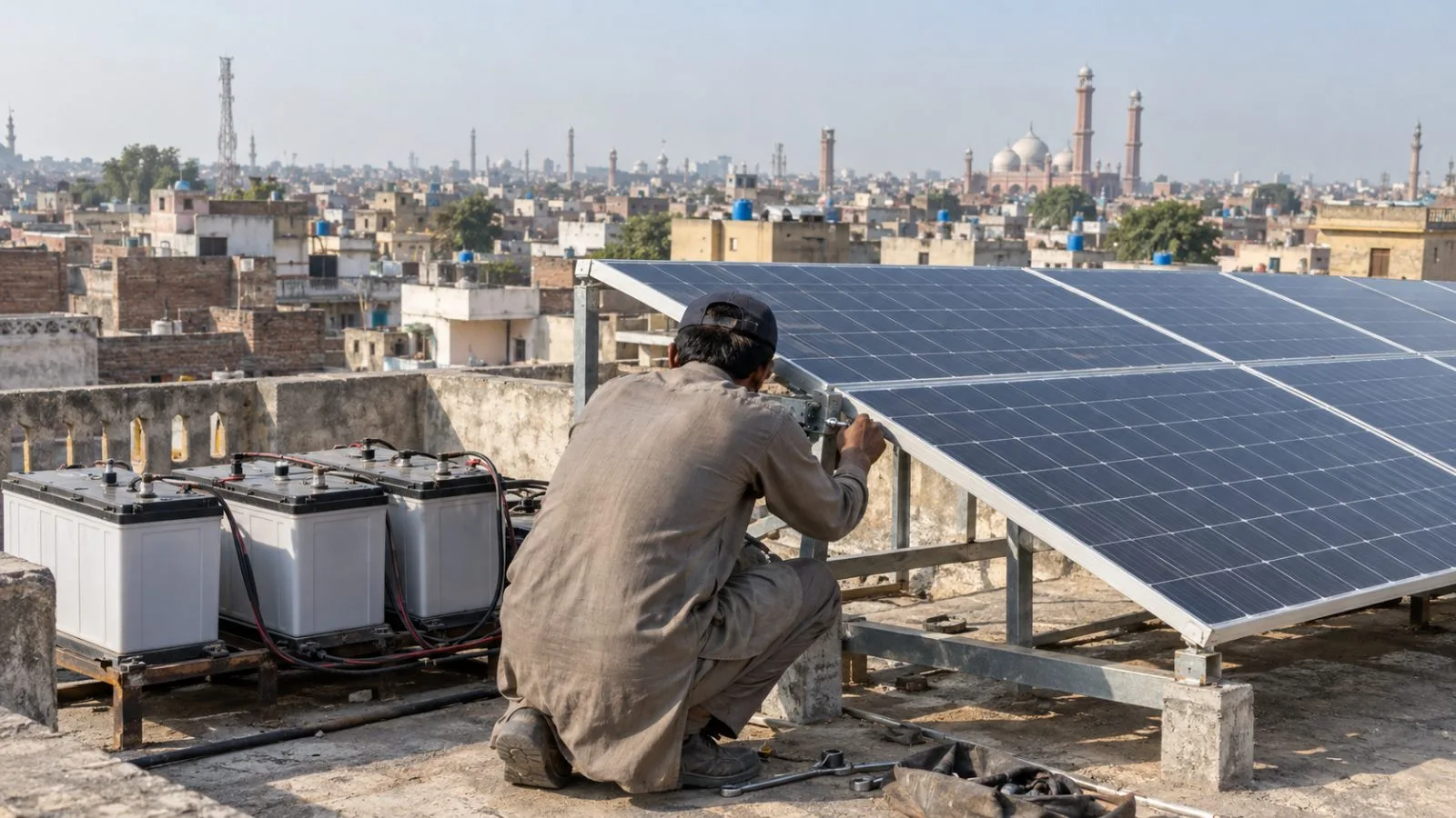 An electrician secures rooftop solar panels beside household batteries in Lahore, Pakistan (AI-generated image / EconoTimes)