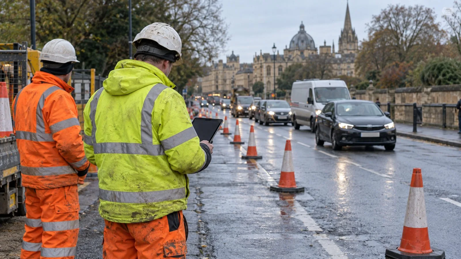 Road workers check a handheld device beside a coned maintenance zone in Oxford, England. (AI-generated image / EconoTimes)