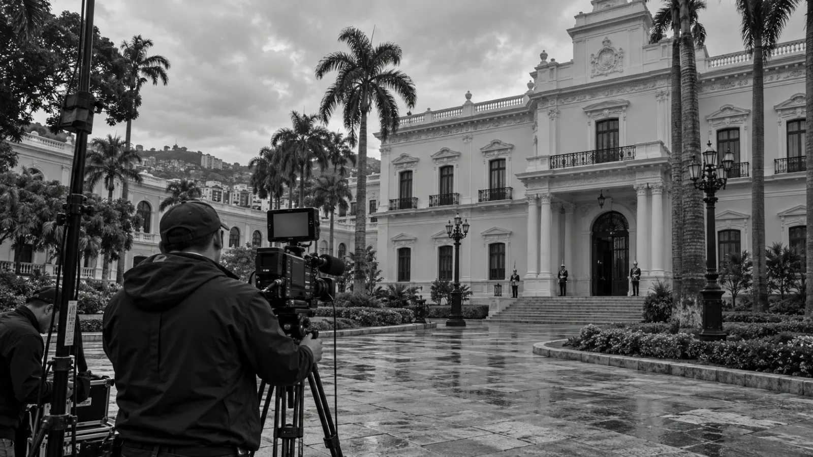 Pedestrians pass the National Electoral Council headquarters in Caracas, Venezuela, on a cloudy afternoon. / EconoTimes.ai (mono)