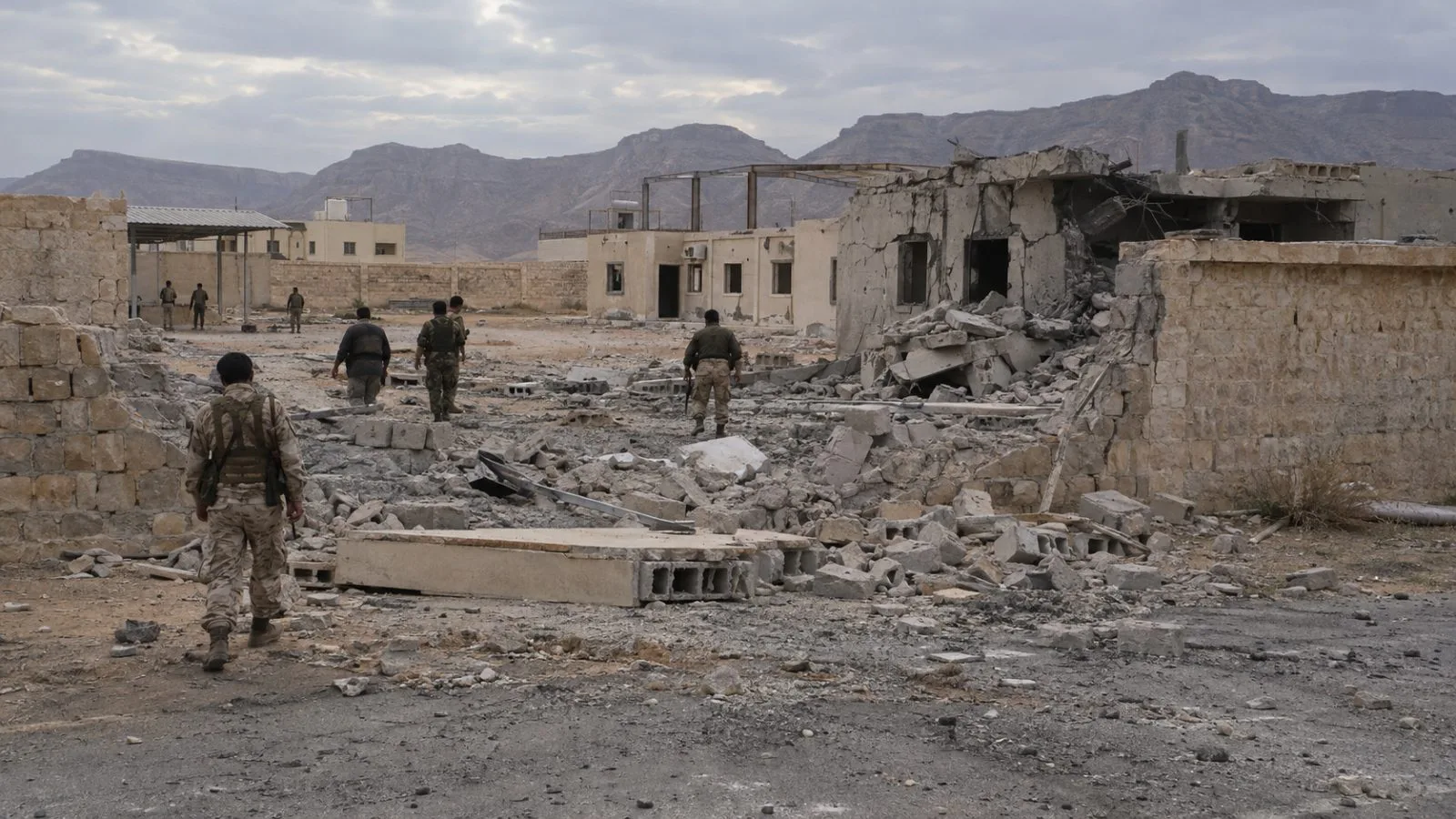 Security personnel examine damaged masonry at a training site in Shabwa, Yemen. (AI-generated image / EconoTimes)