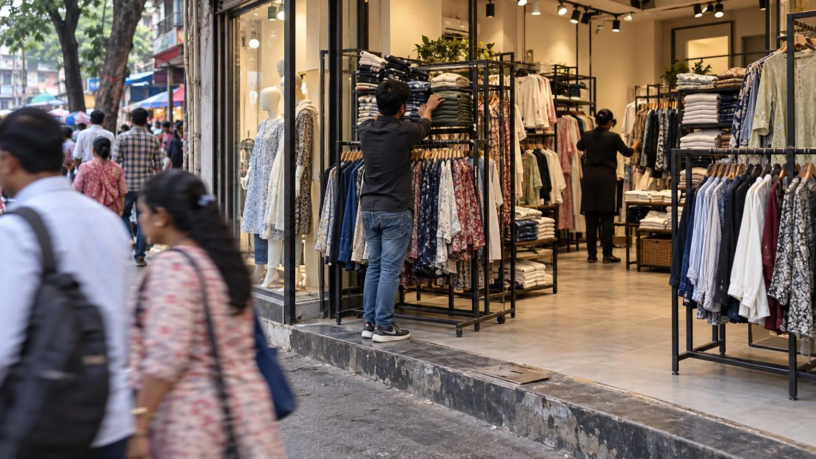 Shoppers enter an apparel store on a busy shopping street in Mumbai, India. / EconoTimes.ai