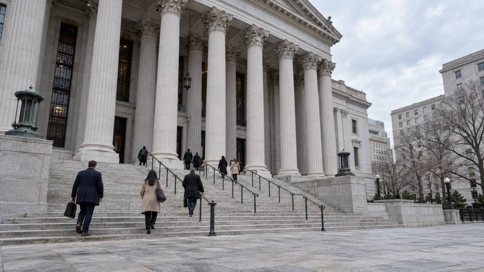 People walk toward the federal courthouse in Washington, D.C., on an overcast morning. (AI-generated image / EconoTimes)
