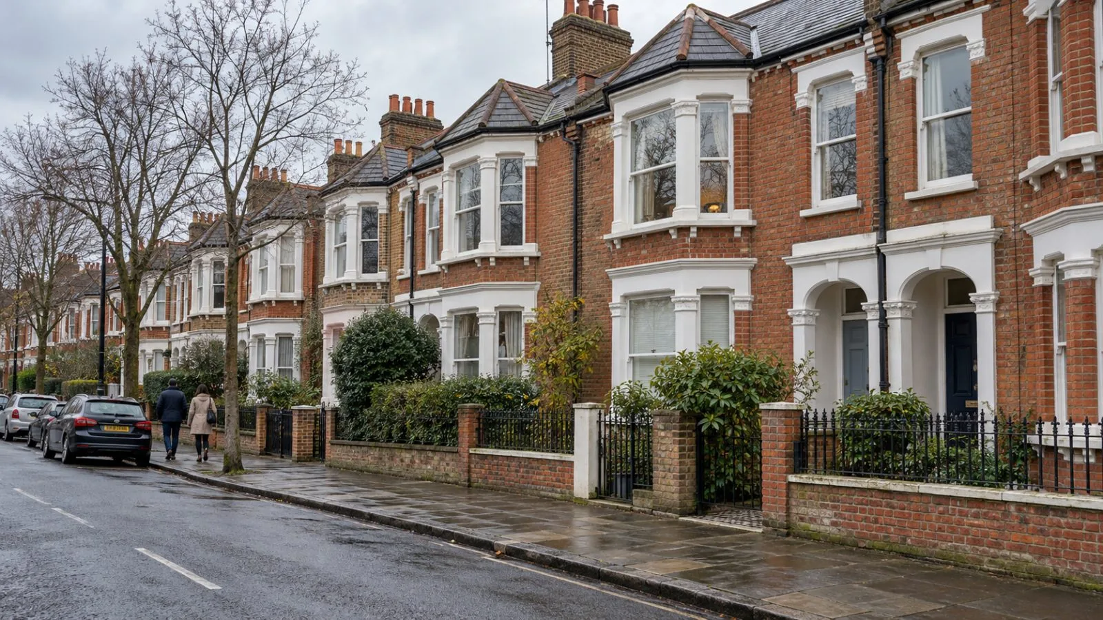 Brick terraced houses stand along a residential street in London. (AI-generated image / EconoTimes)