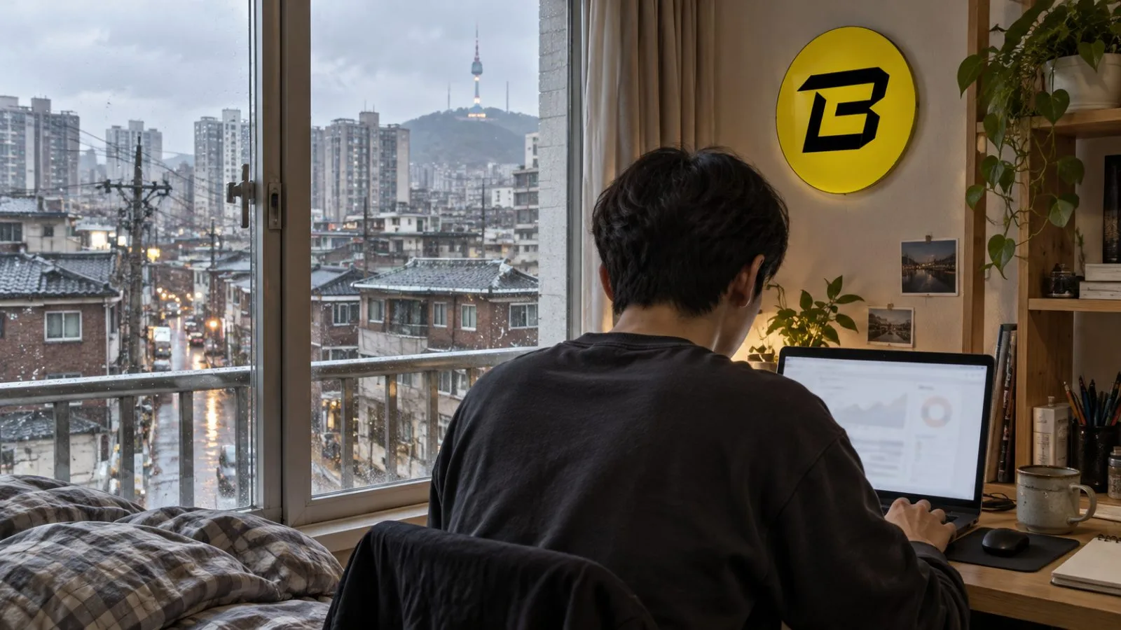 An anonymous resident checks a laptop inside an apartment in Seoul. / EconoTimes.ai