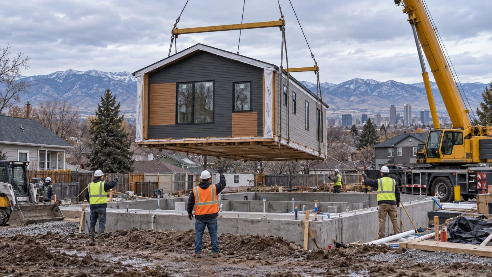 Workers guide a factory-built home onto its foundation at a residential site in Denver, Colorado. (AI-generated image / EconoTimes)