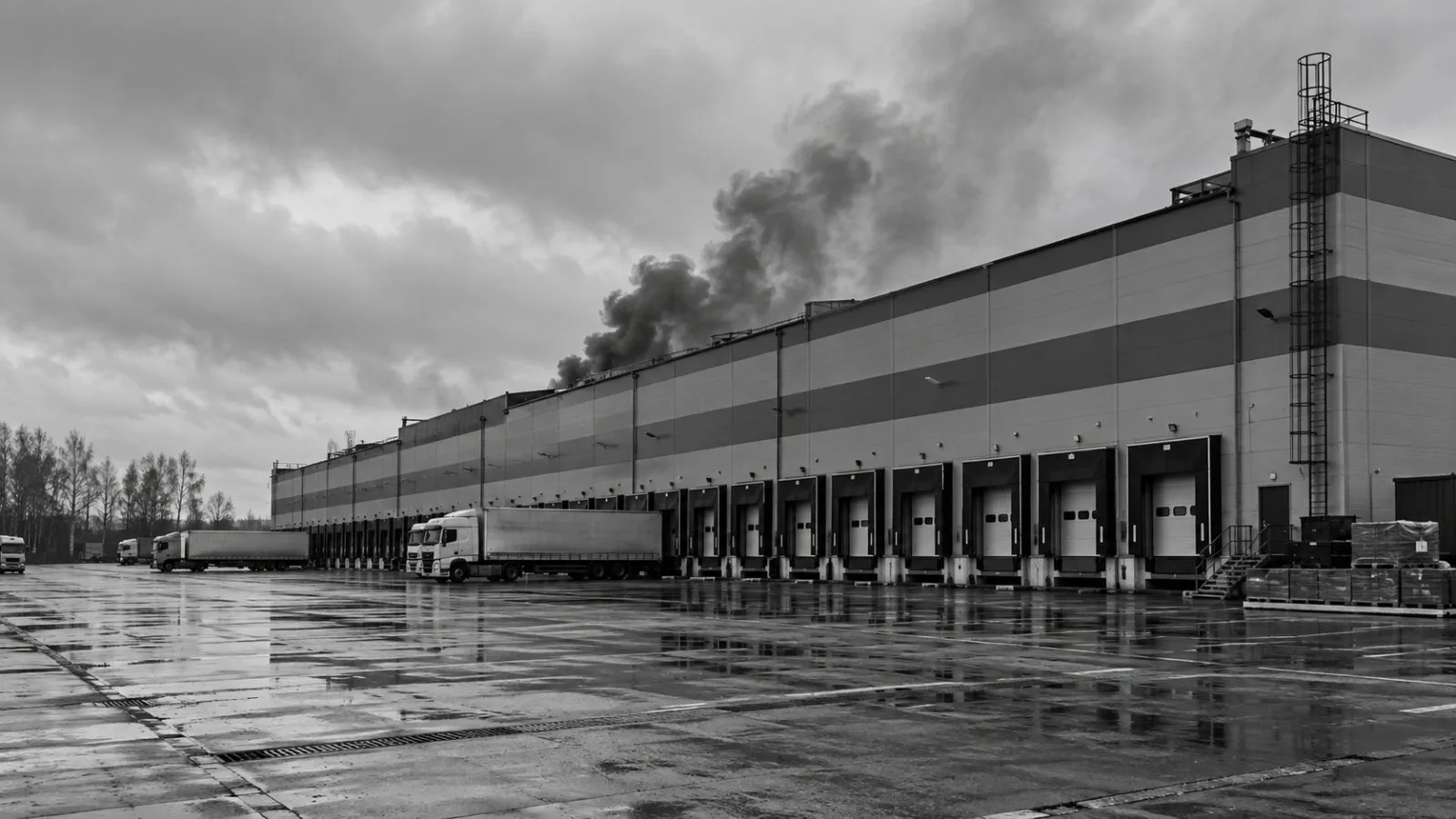 Smoke rises above a logistics center in Omsk, Russia, beneath an overcast autumn sky. (AI-generated image / EconoTimes)