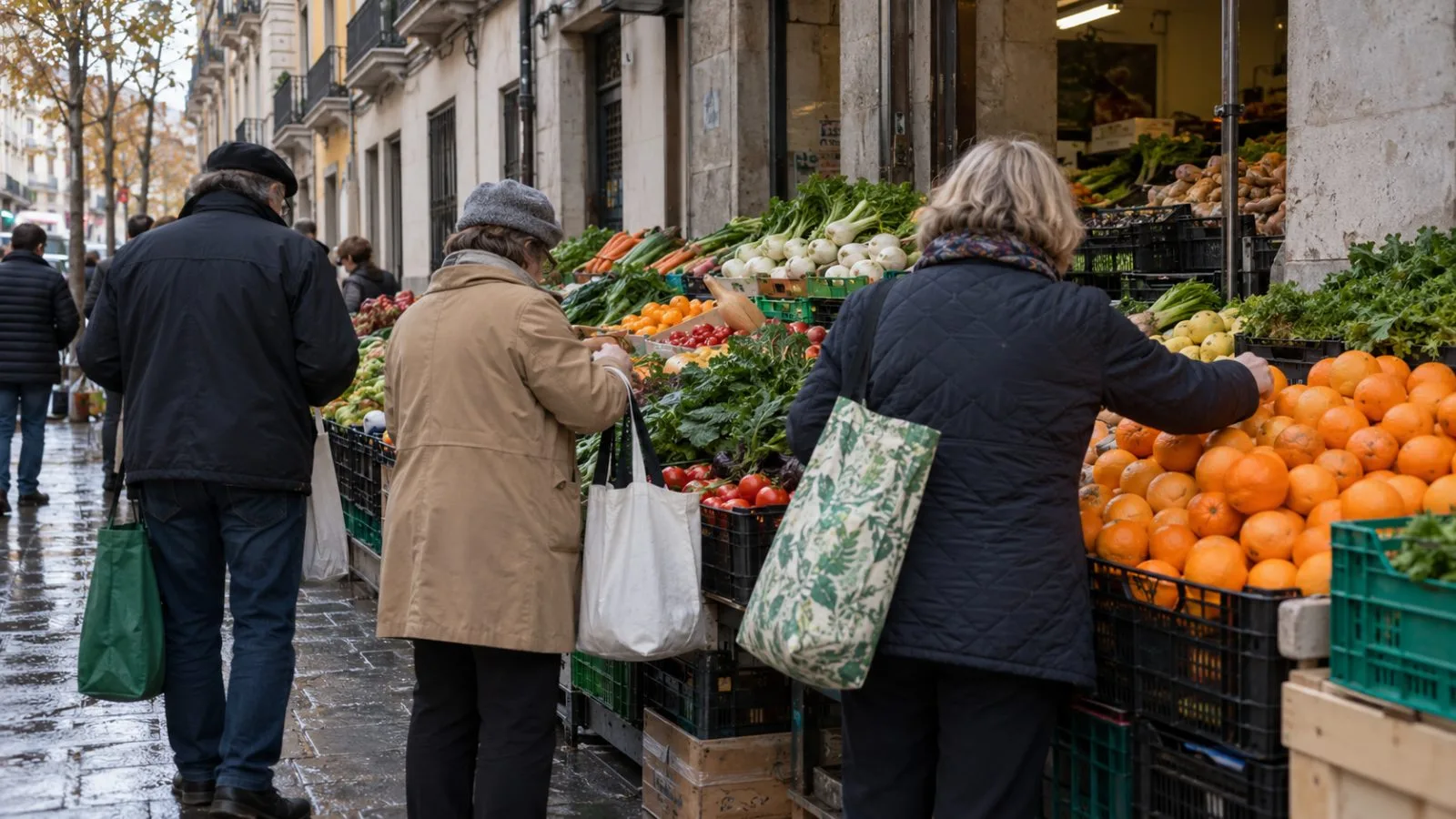 Shoppers browse produce at a neighborhood market in Madrid, Spain. (AI-generated image / EconoTimes)