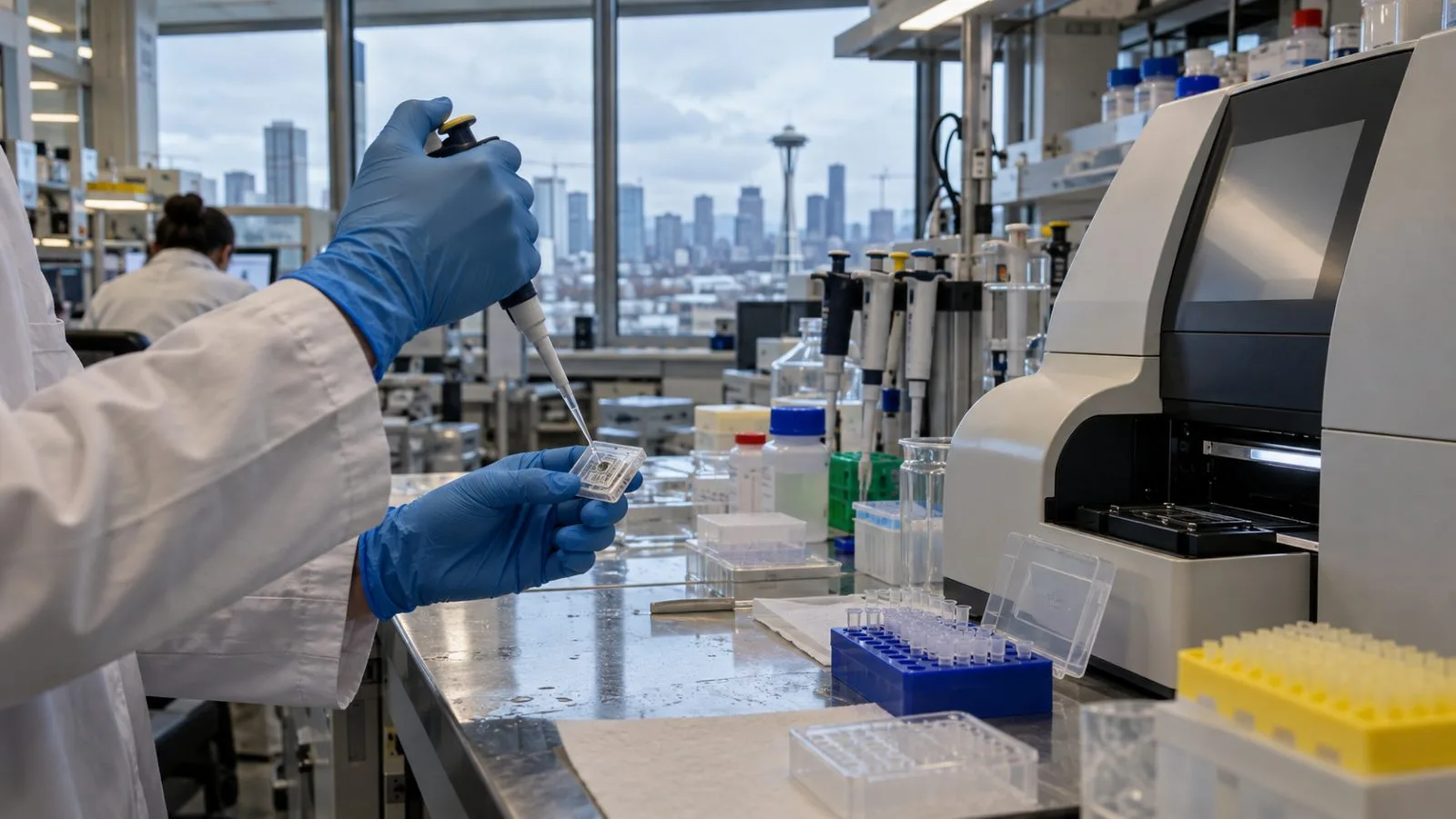 Gloved hands prepare an assay cartridge in a Seattle biotechnology laboratory. (AI-generated image / EconoTimes)