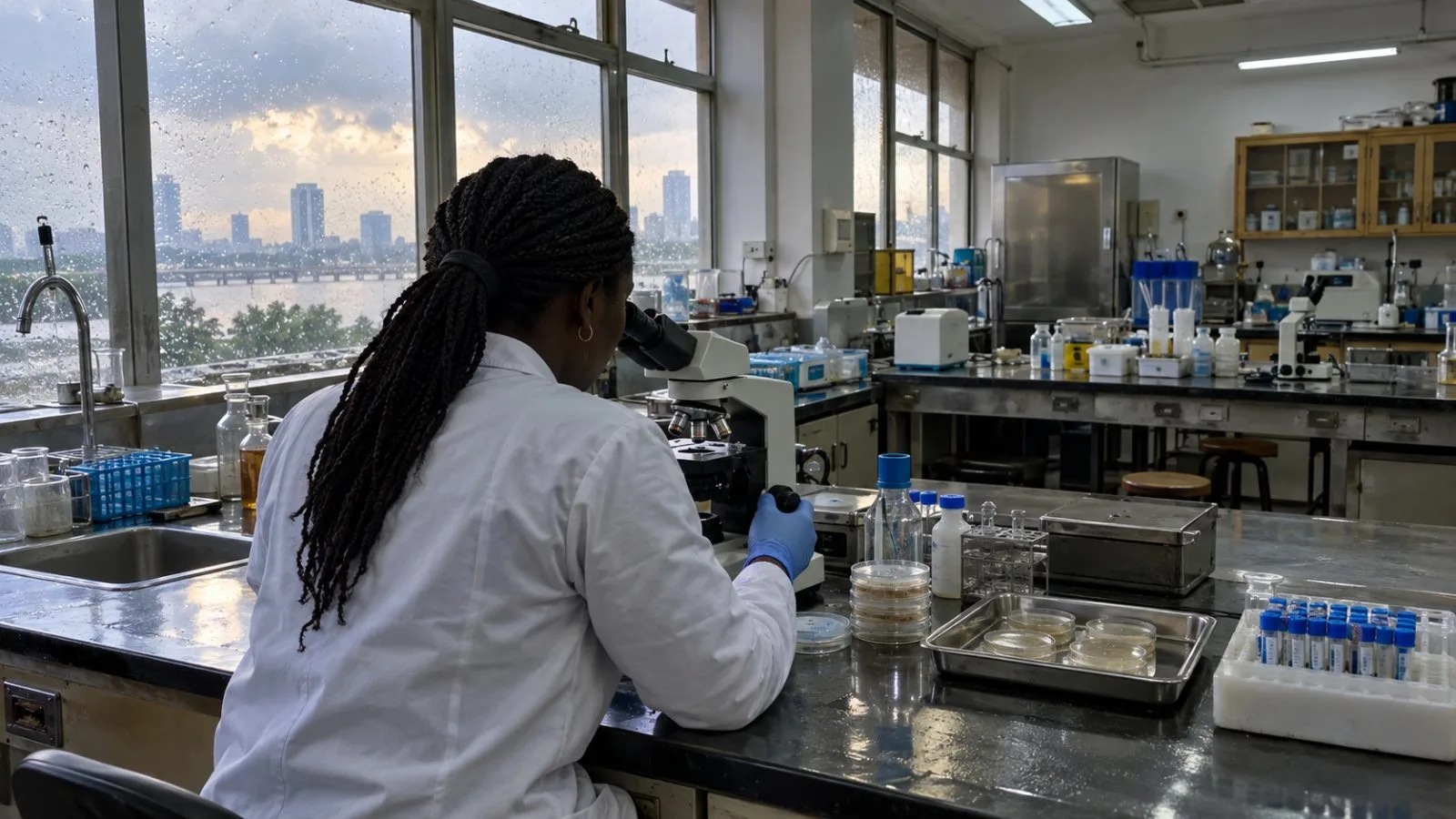 A researcher adjusts a microscope in a university laboratory in Lagos, Nigeria. (AI-generated image / EconoTimes)