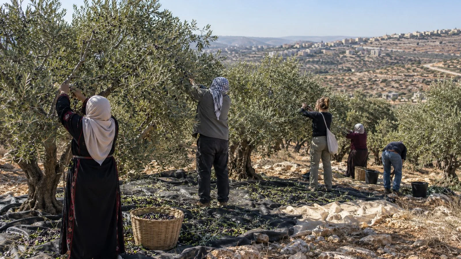 Palestinian farmers and international volunteers harvest olives near Kiryat Arba in the West Bank (AI-generated image / EconoTimes)