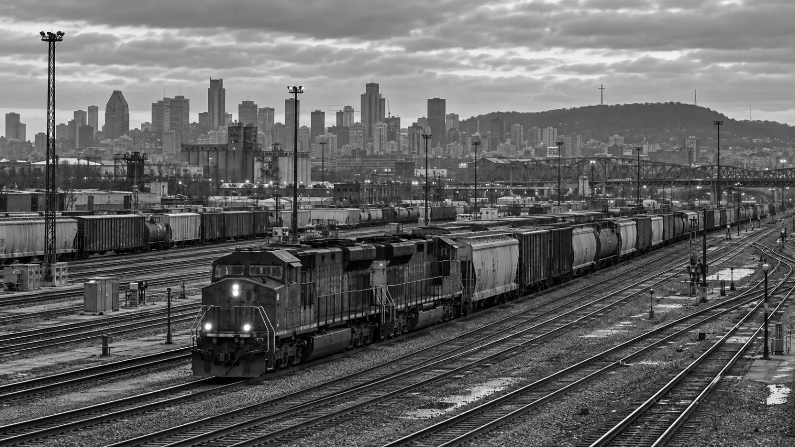 A freight locomotive moves through the Taschereau rail yard in Montreal, Quebec. / EconoTimes.ai