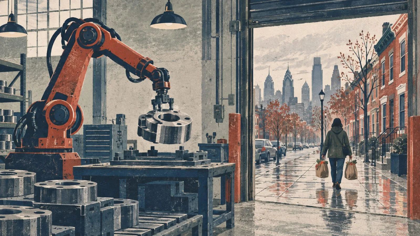 An automated arm assembles metal components in a Philadelphia factory as a resident carries groceries past. (AI-generated image / EconoTimes)