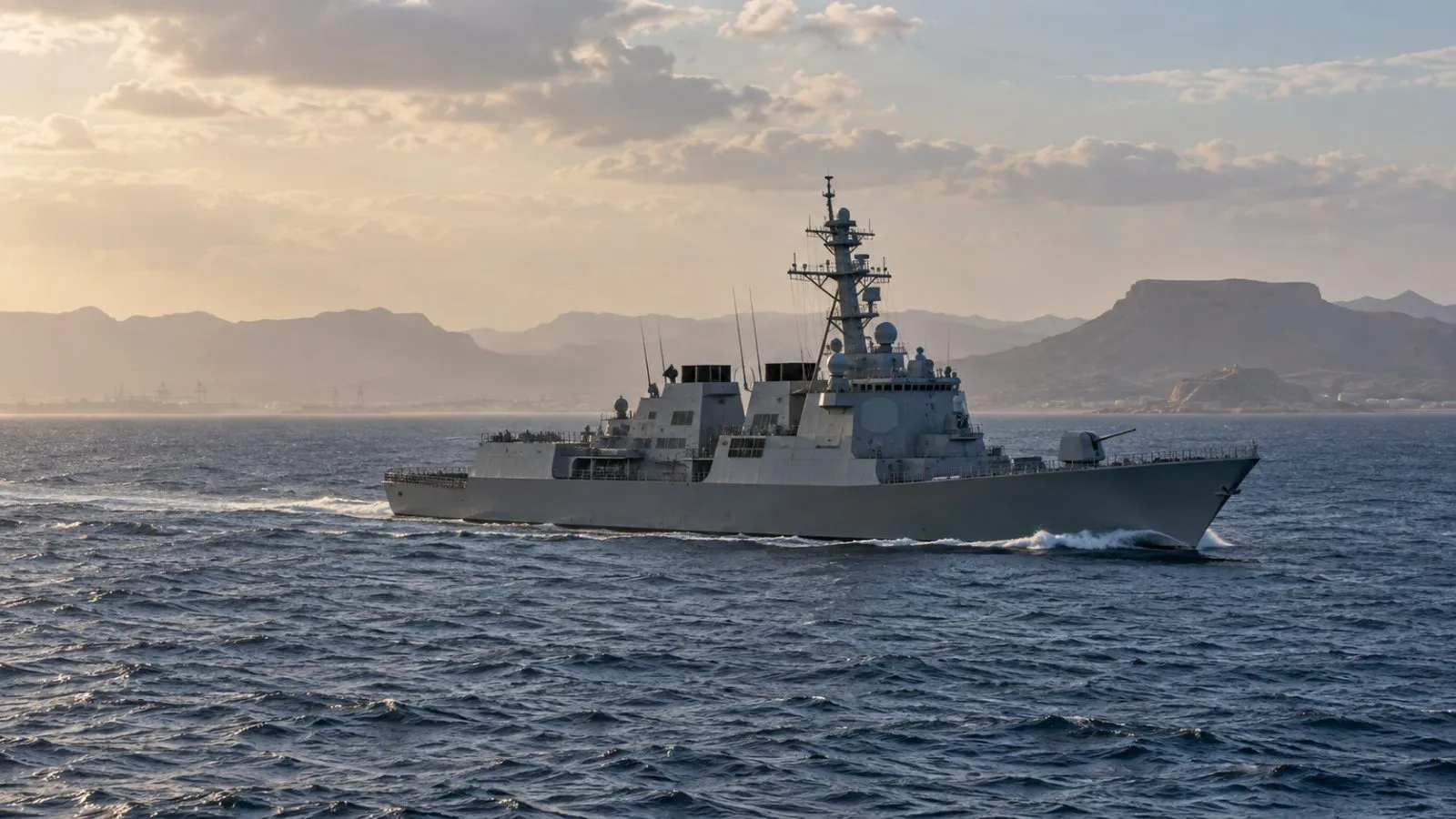 A naval destroyer patrols the Gulf of Aden off Djibouti in late-afternoon haze. (AI-generated image / EconoTimes)