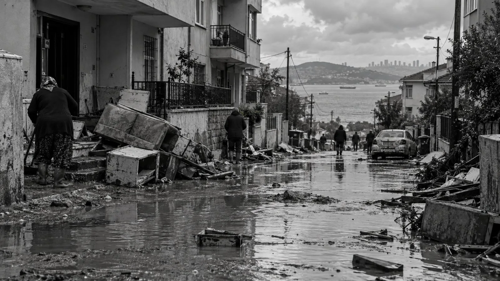 Pooled water and debris remain outside homes in Istanbul’s Pendik district. (AI-generated image / EconoTimes)