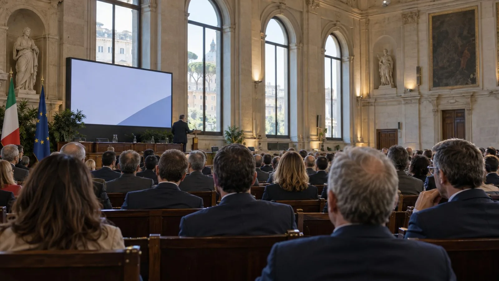 Delegates gather inside an assembly hall in Rome, Italy, for an energy industry meeting (AI-generated image / EconoTimes)