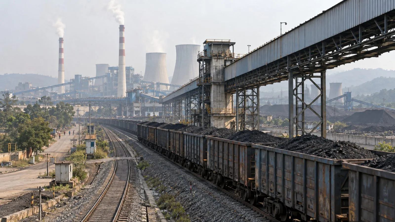 Coal wagons line a power station rail siding in Korba, Chhattisgarh, India. (AI-generated image / EconoTimes)