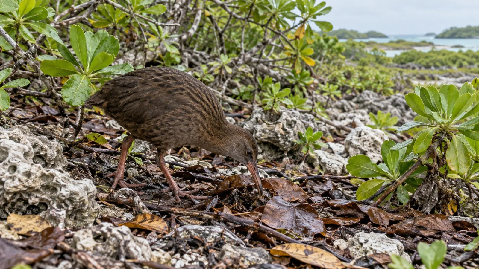An Aldabra rail moves through low scrub on Picard Island in Seychelles. (AI-generated image / EconoTimes)