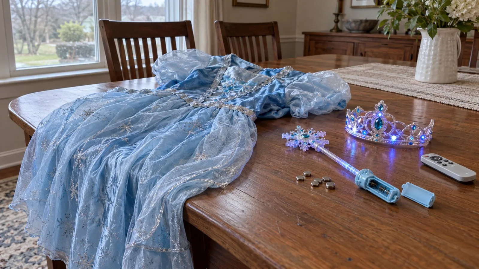 A blue princess costume and its accessories lie beside button batteries on a Bethesda dining table (AI-generated image / EconoTimes)
