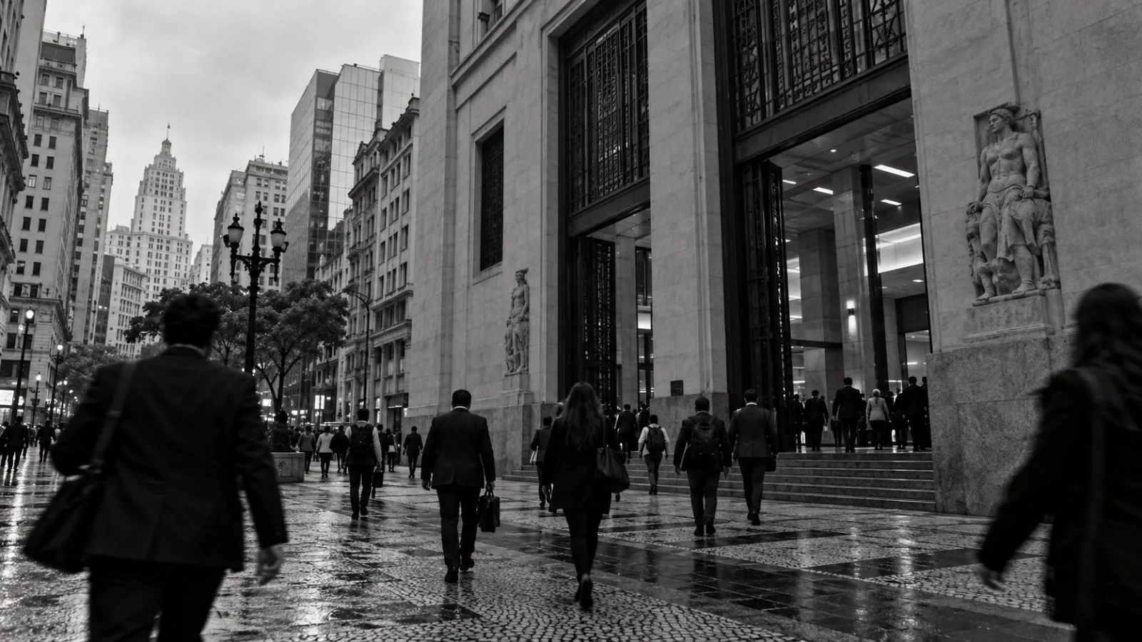 Commuters pass the stock exchange building in São Paulo on an overcast morning. (AI-generated image / EconoTimes)