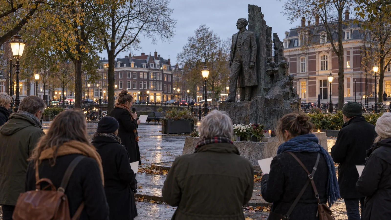 Participants read names from cards into a microphone at Frederiksplein in Amsterdam. (AI-generated image / EconoTimes)