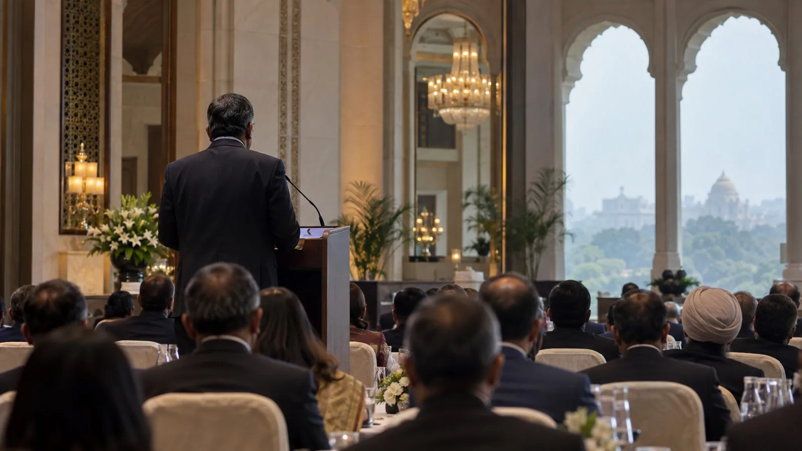 A speaker addresses delegates during a summit session at Hotel Taj Palace in New Delhi, India. (AI-generated image / EconoTimes)
